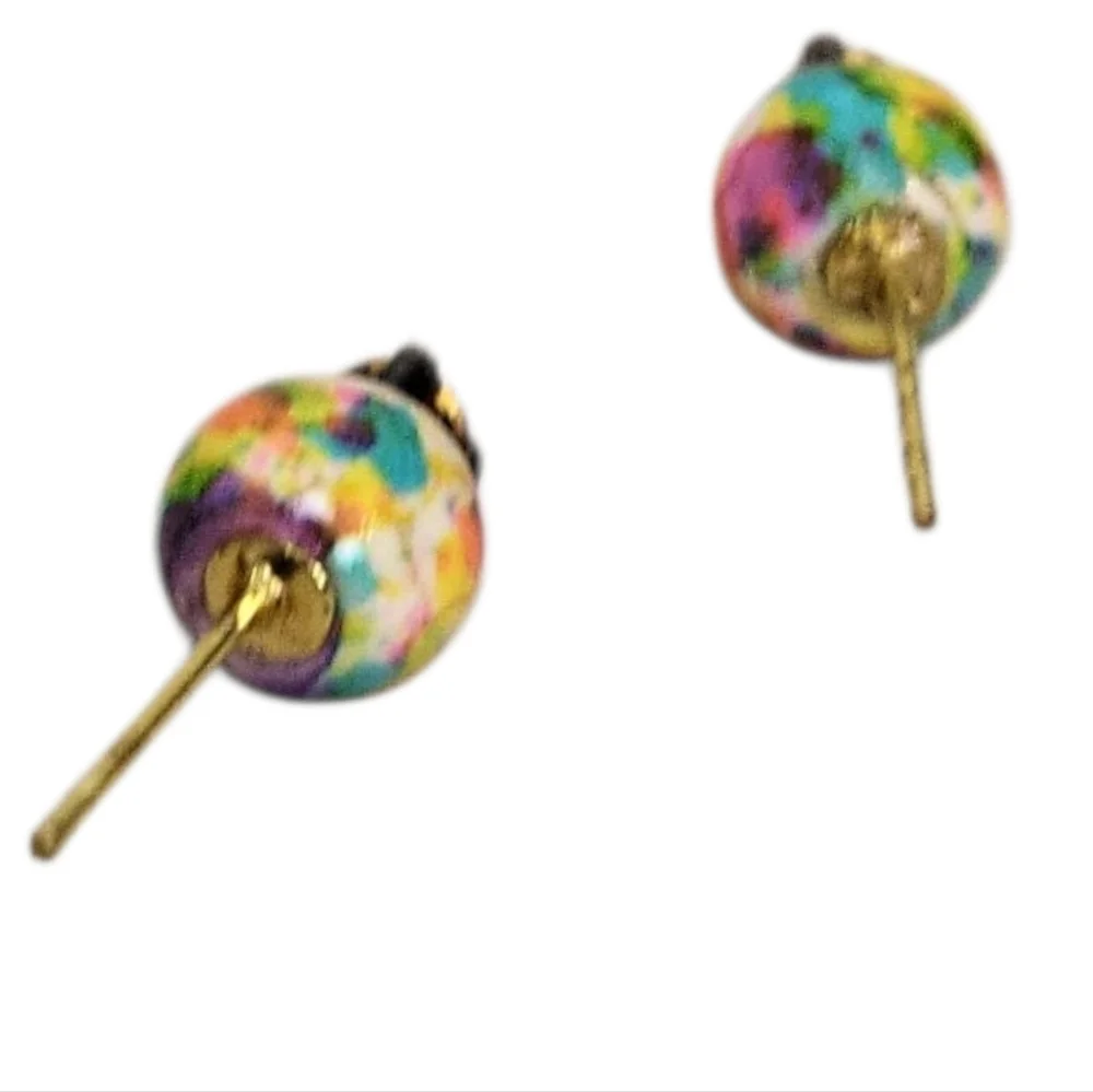 14k Gold AB Crystal Colorful Studs Turquoise & Oil-Paint Round Earrings